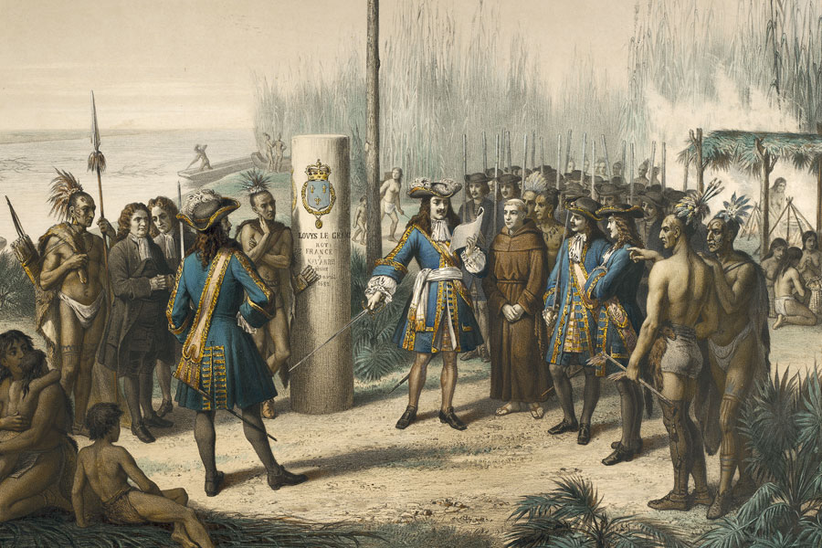 Taking Possession of Louisiana and the River Mississippi, in the Name of The Louis XIVth, by Cavalier De La Salle, Color lithograph by Jean-Adolphe Bocquin, ca. 1860. Courtesy The Historic New Orleans Collection, Acc. No. 1970.1