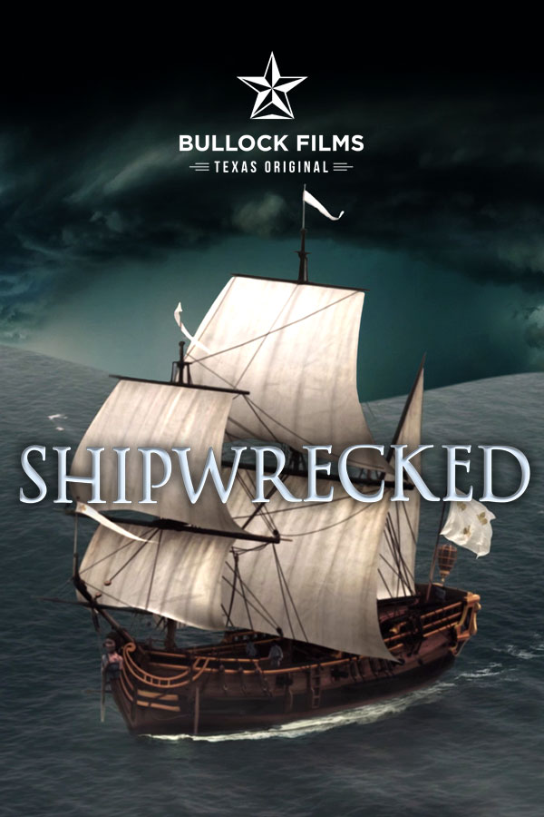 Text, "Shipwrecked," the background is a computer generated graphic of a ship with sails on water with a dark, stormy sky