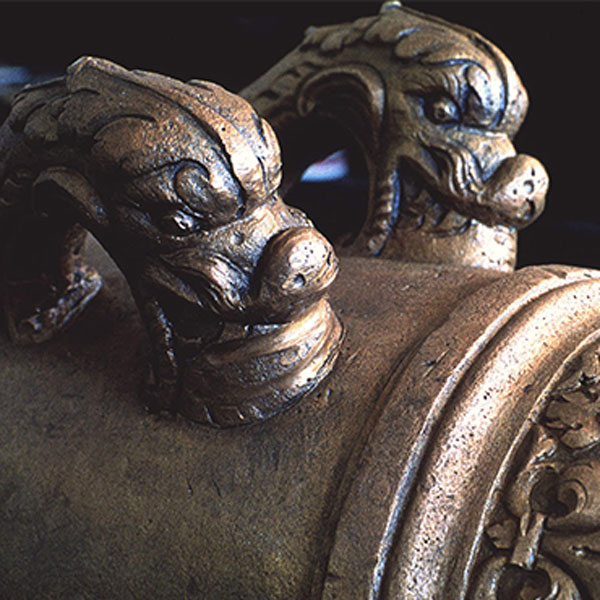 Dolphin handles on a La Belle bronze cannon. Photo courtesy of Texas Historical Commission