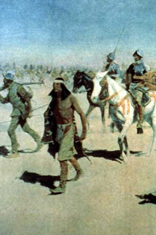 a painting of Spanish soldiers and Native Americans walking together.