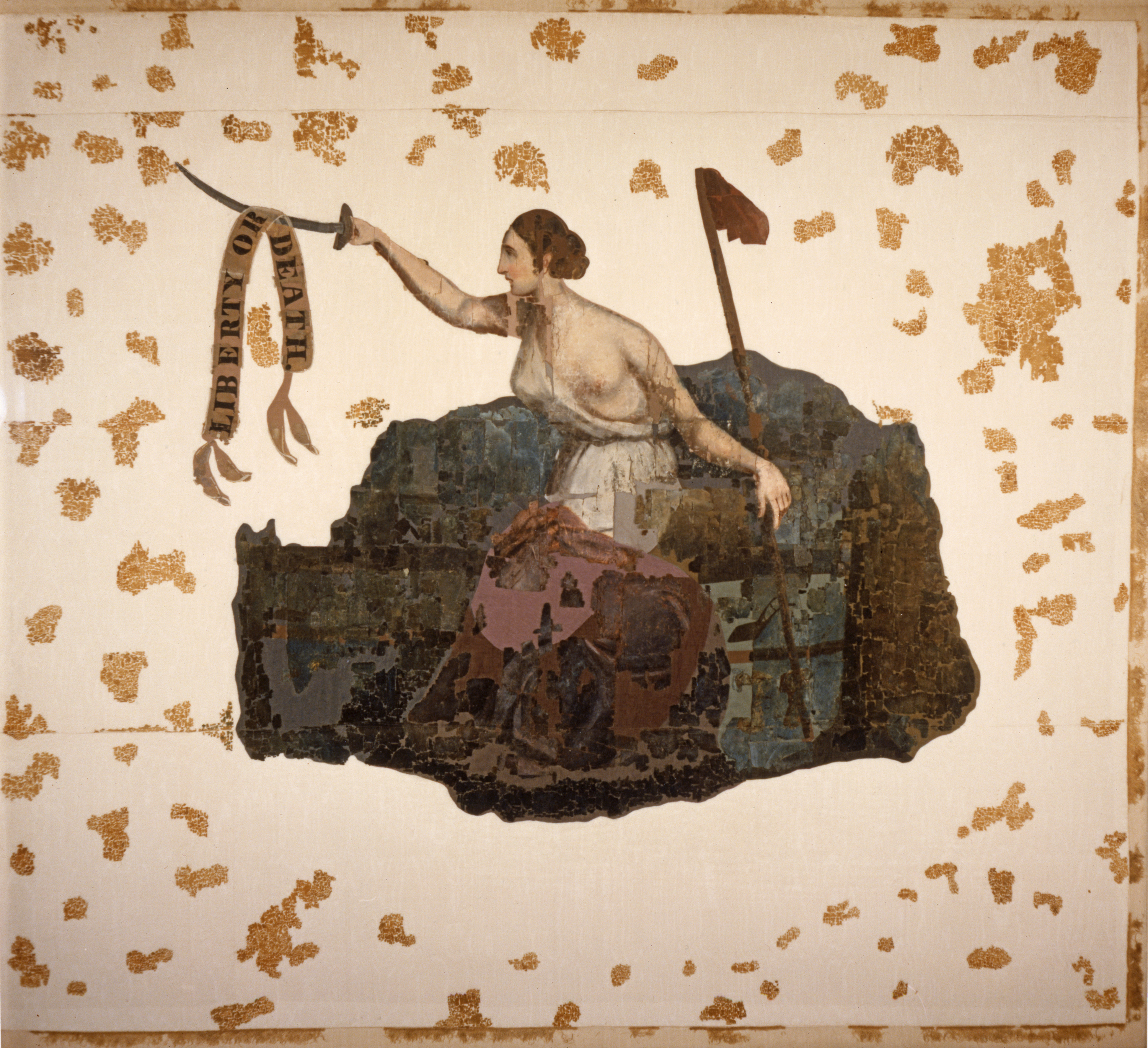 <i>San Jacinto Battle Flag from 1835</i>. This historic painted silk flag with Lady Liberty carrying a cutlass with the banner "liberty or death" was carried by Texian troops through the 18-minute battle of San Jacinto in 1836. 