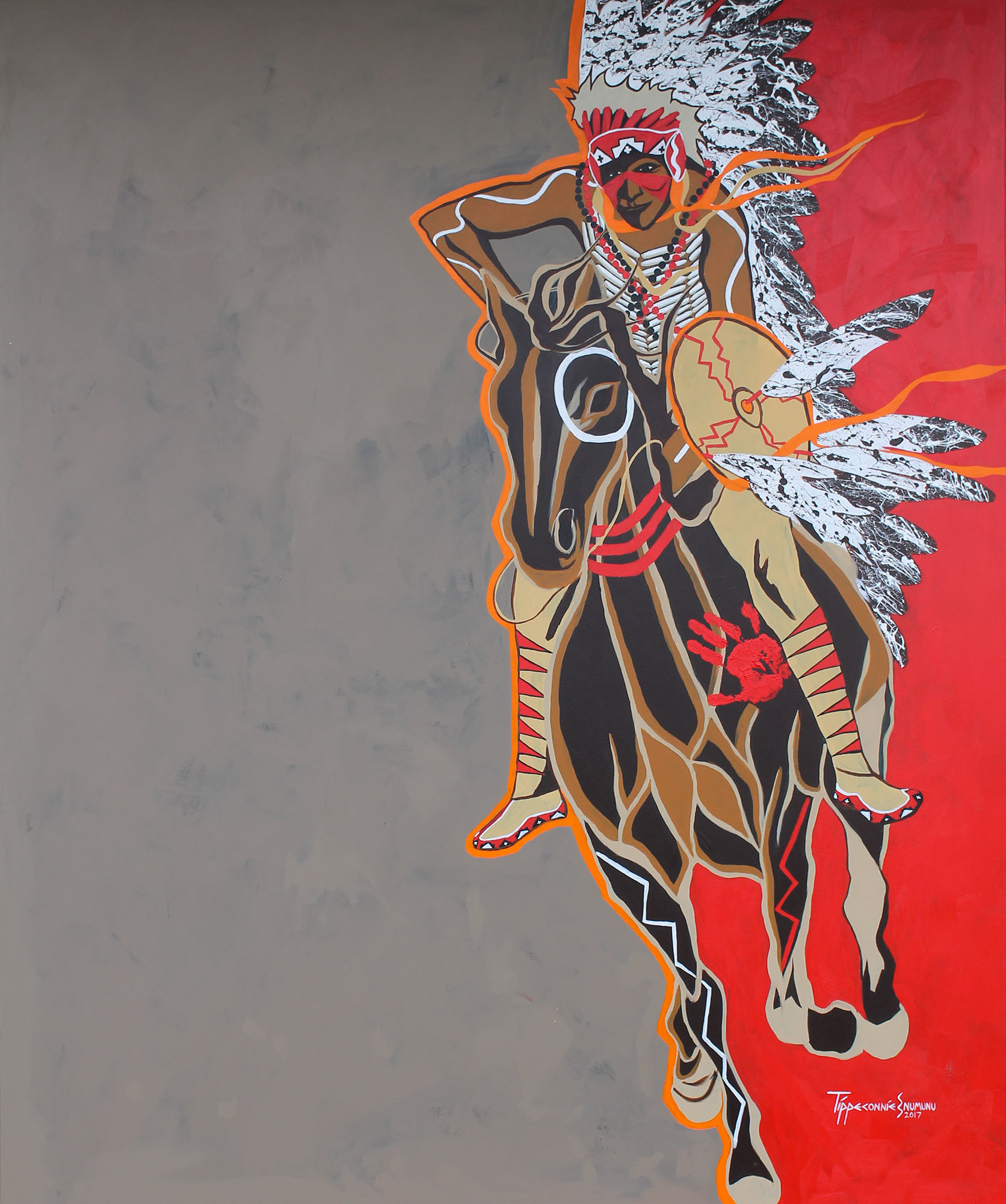 "Comanche Motion" Acrylic on canvas by Eric Tippeconnic, 2017