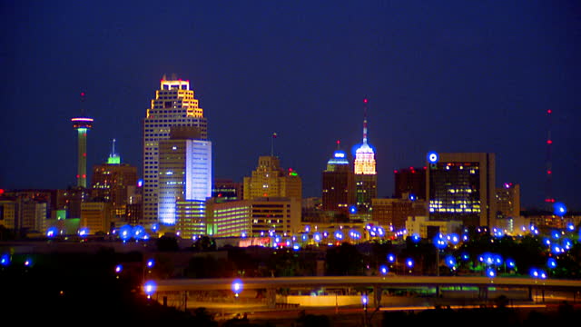 The San Antonio city skyline at night.