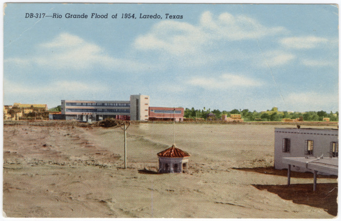 Historic postcard showing the effects of a 1954 flood of the Rio Grande river in Laredo, Texas.